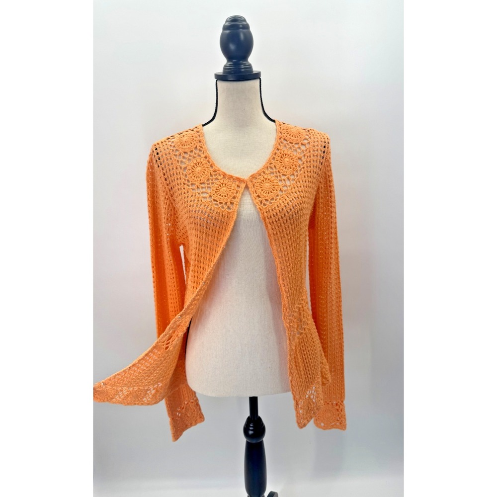 Chadwicks All Over Crochet Lace Open Knit Cardigan Medium Retro Cottagecore Prep